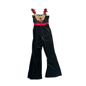 CHRISTMAS REINDEER Red Black Jumpsuit Bib Overalls Jingle Bell SEQUIN Women's M‎